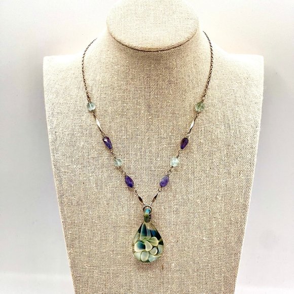 16" HANDBLOWN GLASS PENDANT IN STERLING SILVER WITH LAVENDER AND PALE BLUE GEMS - Picture 3 of 7
